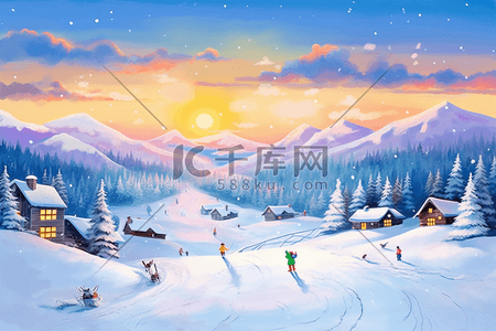 蓝紫配色插画图片_手绘冬天唯美雪景滑雪雪山插画