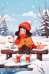 冬天手绘插画可爱女孩小猫雪景