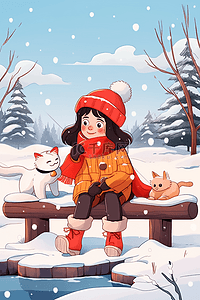 黑色白色红色插画图片_冬天手绘插画可爱女孩小猫雪景