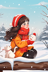 冬天可爱女孩雪景小猫手绘插画