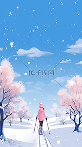 粉色可爱雪花插画图片_唯美雪景女孩滑雪手绘冬天元素