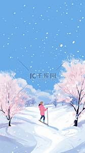 手绘元素白色插画图片_雪景冬天唯美女孩滑雪手绘元素