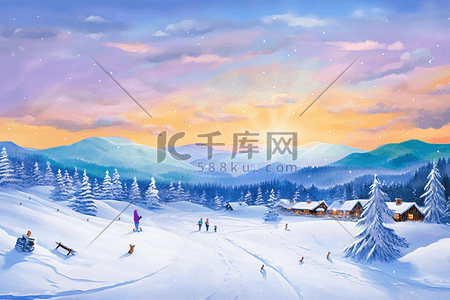 蓝紫配色插画图片_唯美雪景滑雪雪山手绘冬天插画