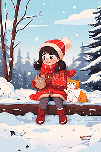 可爱女孩小猫冬天雪景手绘插画