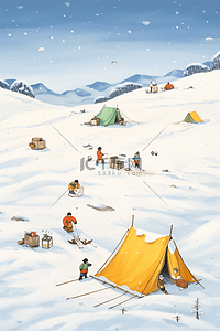 下雪的效果插画图片_卡通冬天白雪露营手绘插画