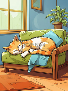猫在沙发上插画图片_猫睡在沙发上卡通17