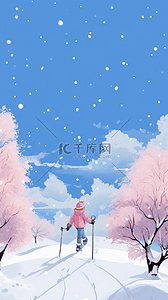 粉色可爱雪花插画图片_冬天唯美女孩滑雪雪景手绘元素