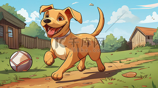 玩1插画图片_可爱快乐的小狗在公园里玩球1