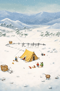下雪的效果插画图片_卡通冬天白雪手绘露营插画