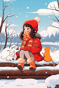 雪景冬天可爱女孩小猫手绘插画