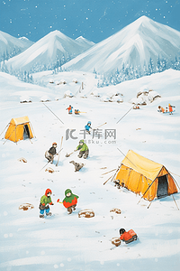 白雪冬天露营卡通手绘插画