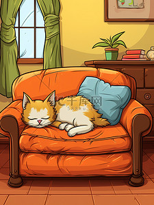 猫在沙发上插画图片_猫睡在沙发上卡通20