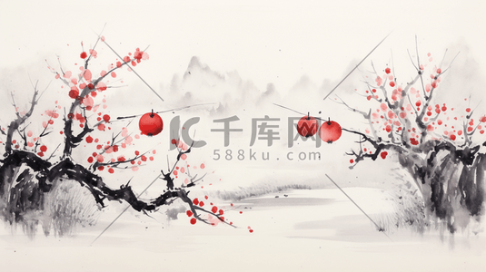 挂红包的树插画图片_春节红梅树和灯笼插画19