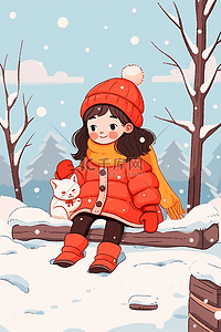 黑色白色红色插画图片_插画冬天可爱女孩小猫雪景手绘