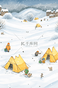 下雪的效果插画图片_冬天手绘白雪露营卡通插画