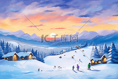 唯美雪景滑雪雪山手绘插画冬天