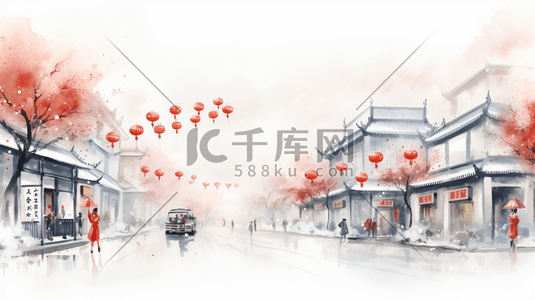 新年快乐的插画图片_春节张灯结彩的古镇水墨插画11