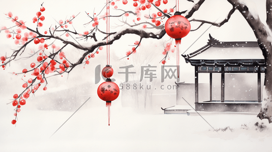 挂红包的树插画图片_春节红梅树和灯笼插画11