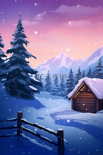 夜晚唯美冬天雪景手绘插画海报
