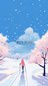 粉色可爱雪花插画图片_唯美雪景女孩冬天滑雪手绘元素