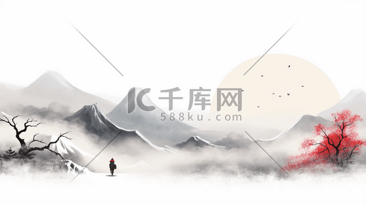 中国水墨春节插画图片_中国丛山山水水墨插画8