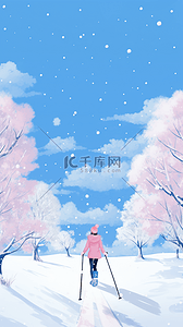 粉色可爱雪花插画图片_唯美雪景女孩滑雪冬天手绘元素