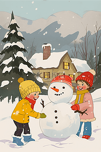 毛线帽子插画图片_冬天孩子一起卡通堆雪人手绘插画