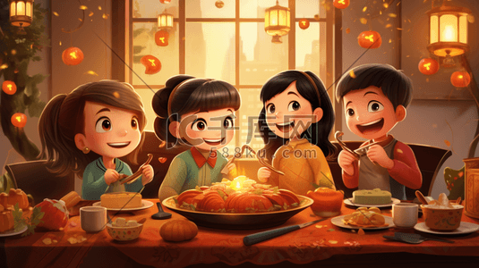 新年团年饭插画图片_一家人围桌吃年夜饭插画3