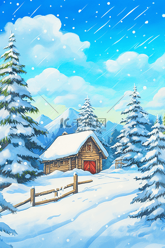 冬天雪景插画唯美手绘
