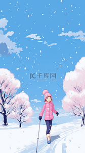 唯美背景元素插画图片_唯美雪景冬天女孩滑雪手绘元素