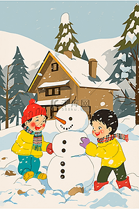 毛线帽子插画图片_手绘插画冬天孩子一起堆雪人卡通