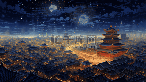 灯火通明的中国古代城镇夜景插画2