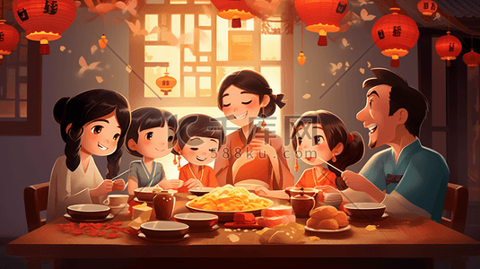 新年团年饭插画图片_一家人围桌吃年夜饭插画6