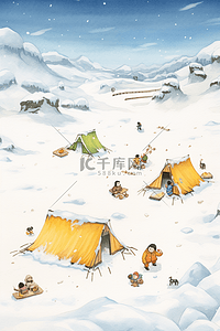 下雪的效果插画图片_插画冬天卡通白雪露营手绘