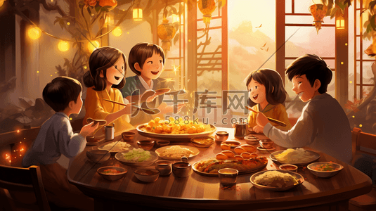 新年团年饭插画图片_一家人围桌吃年夜饭插画5