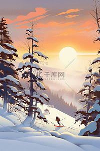 雪景冬天晚霞滑雪手绘插画海报