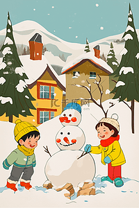 冬天插画孩子一起堆雪人卡通手绘