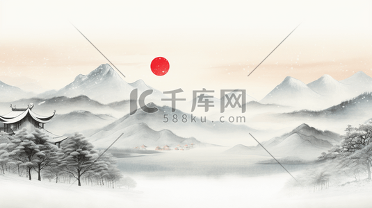 红日东升图插画图片_中国丛山山水红日水墨插画14