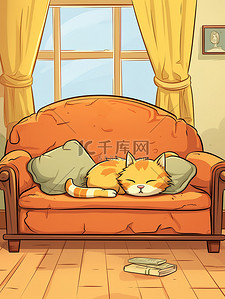 猫在沙发上插画图片_猫睡在沙发上卡通19