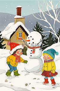 毛线帽子插画图片_一起堆雪人冬天孩子卡通手绘插画