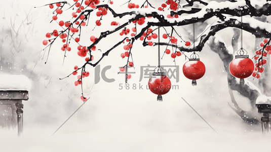 春节红梅树和灯笼插画15