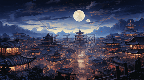 灯火通明的中国古代城镇夜景插画19