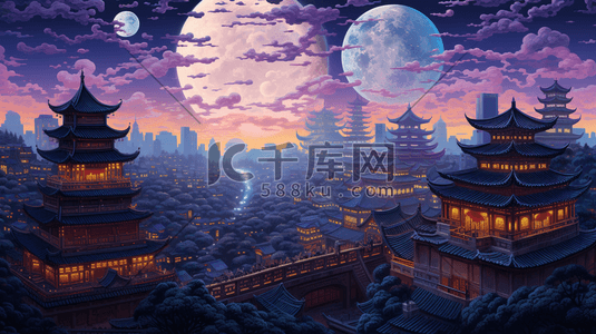 灯火通明的中国古代城镇夜景插画9