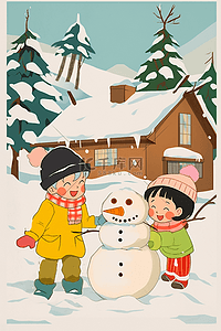 毛线帽子插画图片_冬天孩子卡通一起堆雪人手绘插画