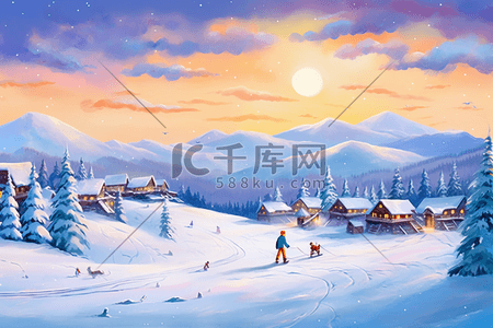 雪景冬天唯美滑雪雪山手绘插画