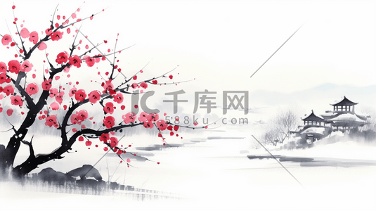 雪梅插画图片_冬季盛开的红梅插画19