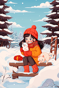冬天可爱女孩手绘小猫雪景插画