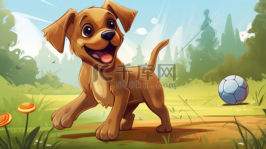 球8插画图片_可爱快乐的小狗在公园里玩球8