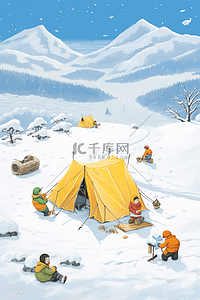 下雪的效果插画图片_冬天白雪手绘露营卡通插画