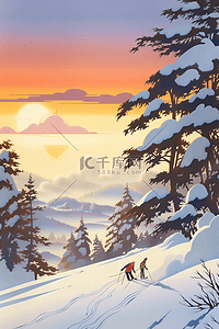 雪景晚霞滑雪手绘冬天插画海报